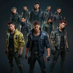 several cyberpunk male character designs , Kim Jung Gi, trending on Artstation, 8K, ultra wide angle, pincushion lens effect.