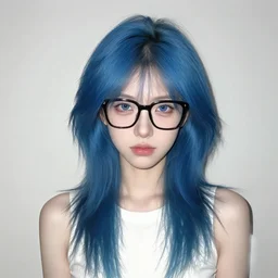 an alternative young woman with messy blue hair, pale, black glasses, photo taken at night