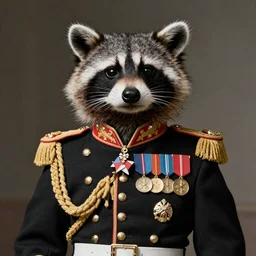 vintage photograph of a noble raccoon, dressed in formal military costume with many medals on his chest