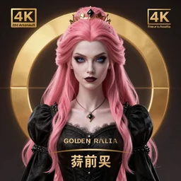 [ closeup of vampiric medieval woman with pink hair in a black dress ]!, trending on artstation, fred arsenault, 4 k, contest winner, award winning, zbrush!, 3 d render, golden ratio, centered!