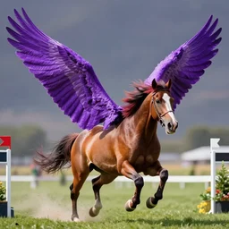 digital art action shot from a distance of 2 0 m of an appaloosa horse with huge wings, the wings are unfurled periwinkle color wings, saturated colored mane. the horse is at a steeplechase event, professional, high quality, action, dramatic lighting, octane render, ue 5