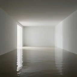 flooded all white room, dim lights, surreal, liminal space,