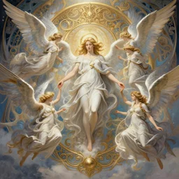 heavenly realm populated by angels, intricate, elegant, highly detailed, ray tracing, digital painting, artstation, concept art, smooth, sharp focus, illustration, art by artgerm and greg rutkowski and alphonse mucha