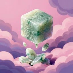 falling jade cub with patterned sides falling melting to pieces on abstract pink and purple cloud background, illustration by ( kieran yanner ) ( miranda meeks ) ( anna podedworna ) ( cristi balanescu ), digital art