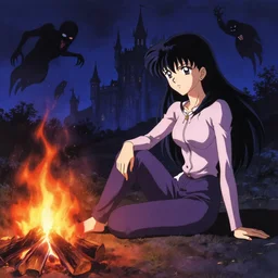 [ siegmeyer of caterina ] sitting by bonfire, ghouls float above in the night sky, long view, anime style character concept, artistic pose, poised and stoic, ( gothic castle in backdrop ) by hiromu arakawa