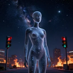 mannequin made of starlight, staring into the infinite void of stars + infinite galaxy, traffic lights, flaming city in background, award winning, rule of thirds, introspective, moody, clean linework, photorealistic, volumetric lighting, octane render,