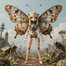 portrait of a beautiful jointed art doll, super dollfie, bjd, biopunk, solarpunk, big giant moths, surreal, simon stalenhag, intricate, 8 k render in octane, sharp focus, award winning landscape photography
