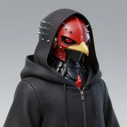 red kon - dam with beetle pincers for a chin gunpla spiked and studded droid helmet, akira - style artistically anthropomorphic black bird head. cloaked hood down, dynamic pose. science fiction, portrait by donato giancola and greg rutkowski and wayne barlow. rendered in 3 0 0 0 cycles. top all time r / imaginarycyberpunk.