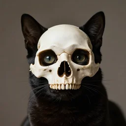 portrait of black cat wearing a human skull as a mask lighting from above photorealistic 4 k