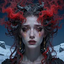 crying symmetrical face of gorgeous goddess with epic hair made of red smoke and ash with golden tears, art by zdzisław beksinski, deep eyes, dark blue atmosphere, snow landscape background, concept art, artstation, art by anato finnstark