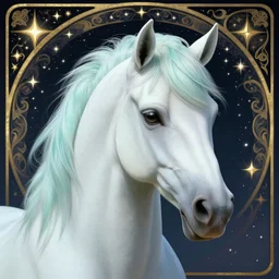 close up portrait, unicorn with pale cyan mane, stars and night background, ornate alphonse mucha, rhads, ross tran, artstation, artgerm, octane render, 1 6 k