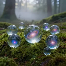 multiple glass spheres laying in a mossy forest, fog, galaxies contained inside, UHD, photo real, refracting light