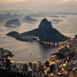 pao de acucar in rio de janeiro brazil, trending on artstation, aerial photo, digital art, distant mountain, fog, city lights, low dof, professional photography