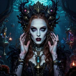 beautiful alison brie magician, black magic spells, in the style of joshua middleton, creepy pose, spooky, symmetrical face symmetrical eyes, vibrant cinematic lighting, detailed realistic eyes, insanely detailed and intricate elegant, aquapunk, titian, bioshock, artgerm, underwater home