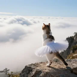 cat looking at a mountain in the clouds wearing a tutu doing ballet