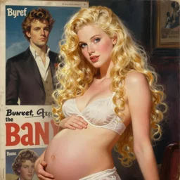 beautiful painting of the androgynous pale blond prince Raiden with long curly blond hair, pregnancy, pinup poster by J.C Leyendecker and Norman Rockwell