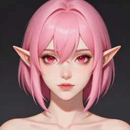half elf woman, beautiful, short pink hair, deep crimson eyes, digital art, smooth, character drawing, artstation, highly detailed, symmetry