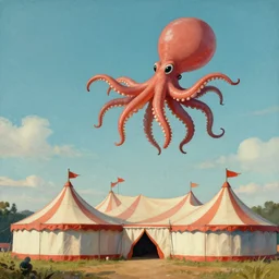 octopus balloon flying over circus tent, lowbrow, matte painting in the style of alexander jansson,