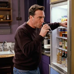 kramer raiding seinfeld's fridge as george costana drinks a pepsi, realistic, ultra - detailed, movie still