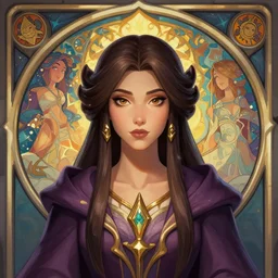 masterpiece head-on symmetrical centered painted portrait, Maya Ali as D&D sorcerer, single head, Neo-Gothic, Art Nouveau style, cell shaded, wizard robe, fantasy, delicate, elegant, RPG character Blizzard Hearthstone concept art, pixar, maya engine on stylized background, splash comics, global illumination lighting, trending on artstation, by lois van baarle, ilya kuvshinov, rossdraws