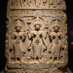broken section of a stargate inscribed with Hindu deities. Ancient alien artifact. 4K high quality museum collection photograph