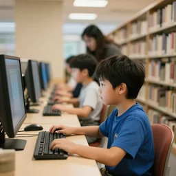 kid at the library using the computer. there is a lurker behind his shoulder.