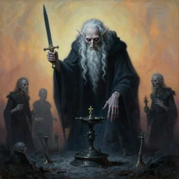 painting of elder lich holding a ceremonial dagger, sacrifical ritual, by zdzislaw beksinski, by dariusz zawadzki, by john jude palencar, by micheal whelan, gothic, surrealism, cosmic horror, lovecraftian, cold hue's, warm tone gradient background, concept art, beautiful composition
