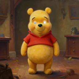 painting of winnie the pooh with glowing white eyes standing creepily in the middle of the room, james gurney, highly detailed, hd, trending on artstation