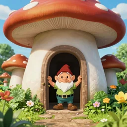 tom cruise as anime gnome on doorstep of mushroom house, under lush green plants and flowers, hyper realism, macro shot, blue sky, sunny