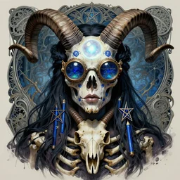 detailed realistic mystic, beautiful halloween ritual with bone texture and inlaid lazuli pencil pentagrams, very expressive, ritual death mask portrait, glowing bubble mind, large steampunk goggles, chest, goat skull, fluorescent eyes, very long horns, by karol bak, iris van herpen and marco mazzoni, nature art forms by ernst haeckel, art nouveau