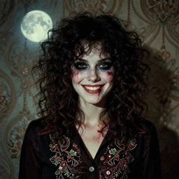 a handsome but creepy, sinister, smiling young woman, with haunted eyes and curly hair, wearing emo clothing, 1 9 7 0 s, seventies, wallpaper, a little blood, moonlight showing injuries, delicate embellishments, painterly, offset printing technique, by brom, robert henri, walter popp