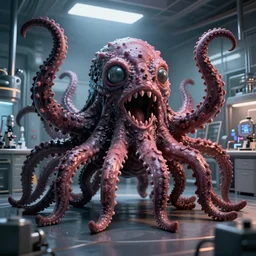 monster made of tentacles eyes and mouths escaping from a lab
