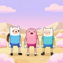 candy people cartoon in the style of adventure time, all of the people are deserts or candy, the ground is made out of cotton candy, the sky's light purple with a mix of pink