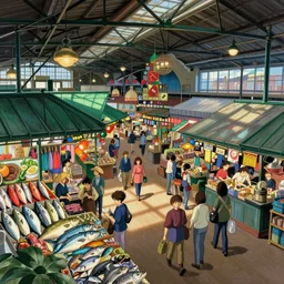 fish market in london liverpool, natural lighting, wide angle, colorful and lively scheme, intricate details, matte painting, illustration, by hayao miyazaki
