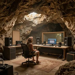 a caveman prehistoric recording studio in a cave.