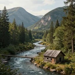 a shack in the woods near a river, bridge across river, two mountains in background,! river flows from in between mountains!, realistic, octane render, ultra detailed, artstation award winner