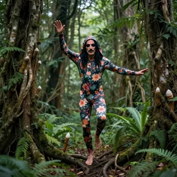 Frank Zappa as a forest druid wearing a floral leotard frolicking in the hooded forest of verdant turmeric roots