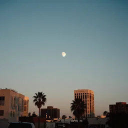 the moon hangs low in the sky over downtown los angeles, dusk, photography, cinematic, tarantino, 7 0 mm film