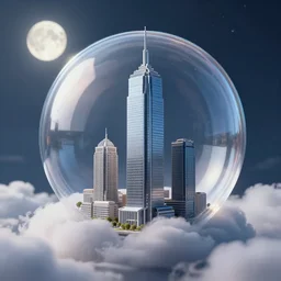 miniature skyscraper inside a bubble, resting on clouds, realistic 3 d render, unreal engine, 8 k, smooth, sharp focus, octane, moonlight