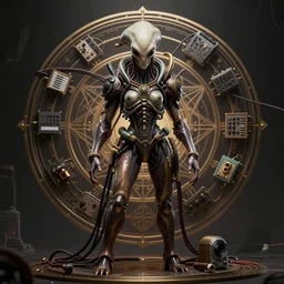 a centered render of an alien bio - organic overlord adorned with cables and synthesizer parts is surrounded by sacred geometry, full body, gorgeous face, perfect face, powerful, cinematic, beautifully lit, by artgerm, by karol bak, 3 d, trending on artstation, octane render, 8 k