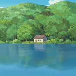 a small cottage in the middle of a vast lake surrounded by trees by kentaro miura