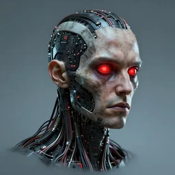 head and shoulders render of man cyberpunk face ((single_glowing_red_eye red_emissives!)) android face mecha, inhuman creepy intimidating, exposed cable bundle. intricate wiring and black circuit board detailed. Tom Bagshaw and Greg Rutkowski and Alphonse Mucha Bladerunner 2049 artstation trending 165mm