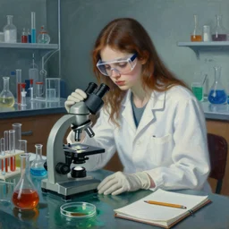 painting of a tall emo girl in a flooded laboratory, a microscope, a beaker of green liquid, a test tube of red liquid, a flask of blue liquid, a bunsen burner, a petri dish, a lab coat, safety goggles, a pair of latex gloves, a lab notebook, a pencil, zen, sensual, surrealist, by magritte and monet