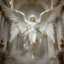 a beautiful rococo chapel, in the center is a gorgeous massive ethereal angel with white feathered wings, symmetrical composition, intricate oil painting, ethereal, misty, dramatic lighting, amazing depth, octane render, by ruan jia and jeremy mann and alphonse mucha