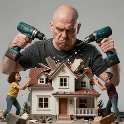 grumpy chunky bald dad destroys house, his hands are electric drills, hyperrealistic digital art masterpiece, highly detailed neo pop surrealism, jason limon kay sage hannah yata, dramatic lighting, low angle, uhd 8 k, sharp focus