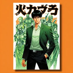 professionally drawn seinen mature cyberpunk detective horror action manga comic cover about hinduism buddhism reincarnation cyborgs, full color, beautifully drawn coherent professional, drawn by ilya kuvshinov, ilya kuvshinov, satoshi kon and tsutomu nihei. japanese script kanji hiragana on the cover. simple minimalist stylized cover art. orange green cel shaded