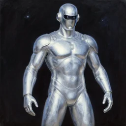 photorealistic, hyperdetailed, oil painting, of a silver, silver surfer, space, by hajime sorayama