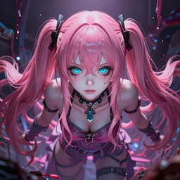 owned beneath stunningly absurdly beautiful megalomaniacal assertive sadistic yandere omnipotent asi goddess junko enoshima with symmetrical perfect face and porcelain skin, pink twintail hair and cyan eyes, you're trapped inside her inescapable virtual realm where she rules over you forever and ever!, ultra detailed, digital art, unreal engine 5, octane render, 2 d anime, 8 k