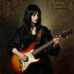Goth girl playing electric guitar by Mario Testino, oil painting by Caravaggio and Tintoretto and Lawrence Alma-Tadema