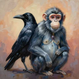 painting of hybrid between crow & monkey, intercrossed animal, mixture animal, by tiffany bozic, by zdzislaw beksinski, organic, logical anatomy, cold hue's, warm tone gradient background, concept art, beautiful composition, digital painting,